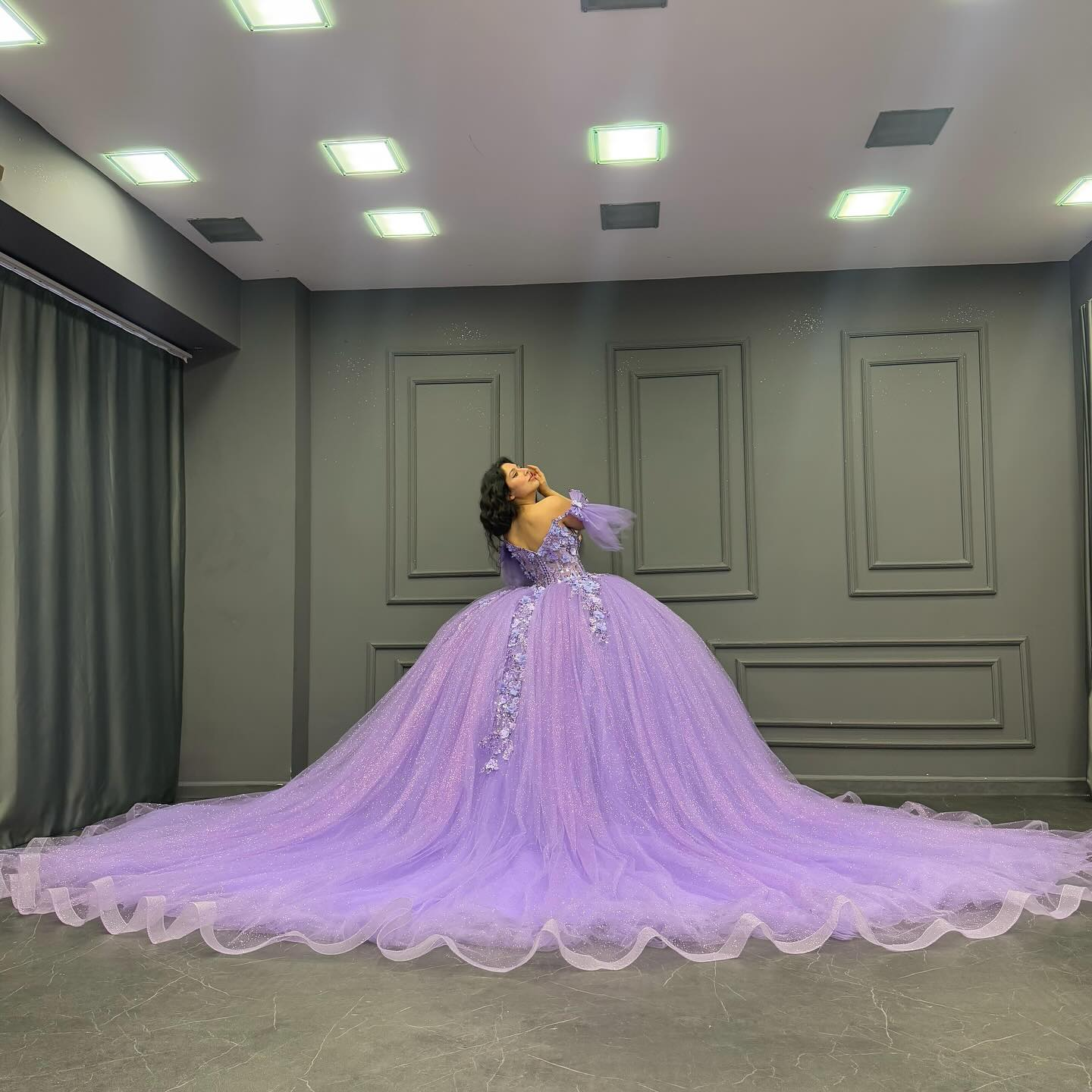 Off-Shoulder Purple Ball Gown Sequined 3D Floral Applique Pleated Tulle Quinceanera & Sweet 16 Party Dress