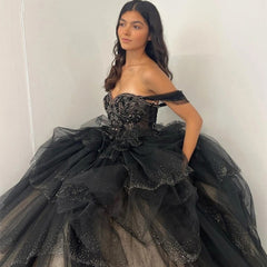 Black Tulle Quinceanera Dress Off-Shoulder Lace Ball Gown with Ruffled Tiered Skirt for Sweet 16 & Prom