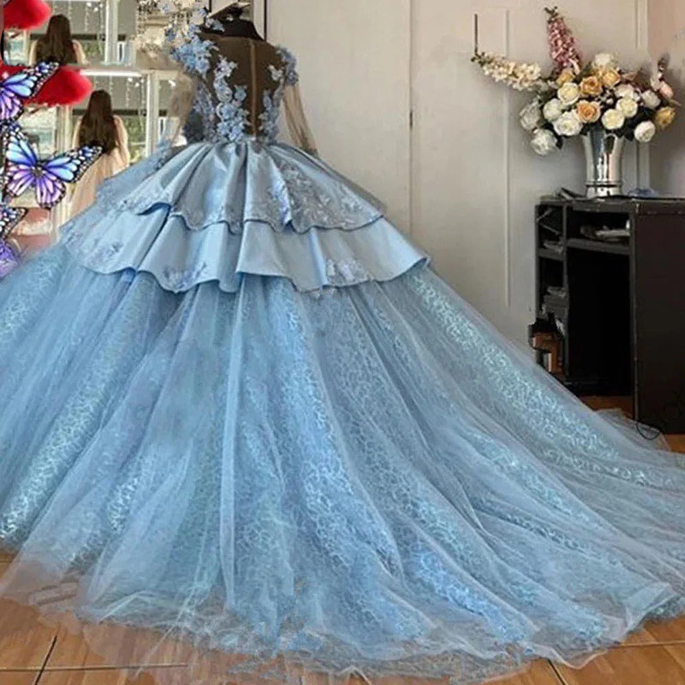 Royal Blue Ball Gown 3D Floral Lace Applique Beaded Tiered Tulle Quinceanera Dress for Sweet 16 & Princess Parties