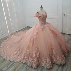 Off-Shoulder Ball Gown with 3D Floral Appliques Pink Tulle Quinceanera Dress with Sweep Train