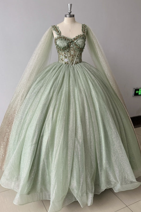 Sage Green Beaded Ball Gown Sweetheart Neckline Sparkling Tulle Quinceanera Dress for Sweet 16 & Formal Evenings