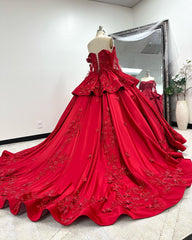 Off-Shoulder Long Sleeve Red Satin Quinceanera Dress with Floral Lace Appliques Perfect for Sweet 16 Celebrations