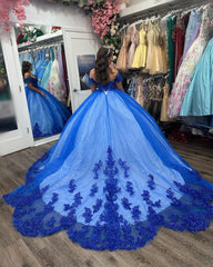 Royal Blue Ball Gown Off-Shoulder Sweetheart Neckline with Floral Lace Appliques & Beaded Detail for Quinceanera Sweet 16 or Princess Party