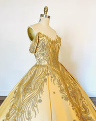 Gold Satin Quinceanera Dress Off-Shoulder Ball Gown with Intricate Appliques for Sweet 16