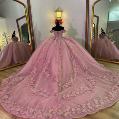 Off-Shoulder Ball Gown with 3D Floral Lace Appliques Pink Tulle Quinceanera Dress for Sweet 16 & Princess Evening Parties