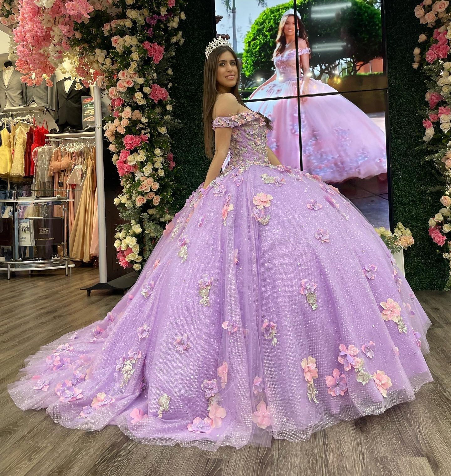 Lilac Ball Gown with Off-Shoulder Neckline 3D Floral Appliques & Sequins Princess Quinceanera & Sweet 16 Formal Dress