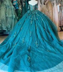 Emerald Green Ball Gown Off-Shoulder Sweetheart Neckline with Beaded Flowers & Lace Applique for Quinceanera or Sweet 16