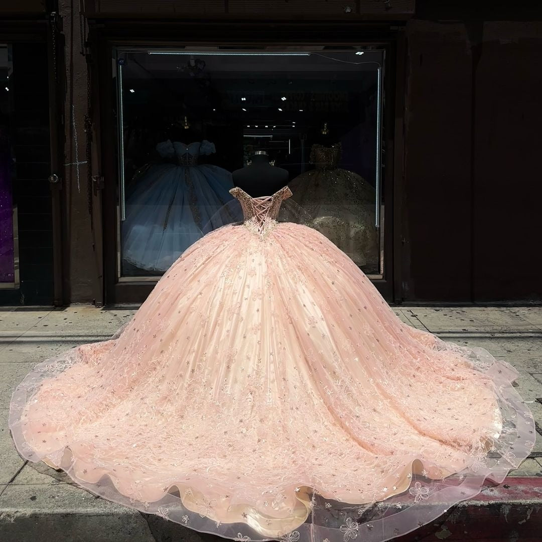 Off-Shoulder Ball Gown 3D Floral Applique & Beaded Pink Tulle Quinceanera Dress for Princess Parties & Sweet 16 Celebrations
