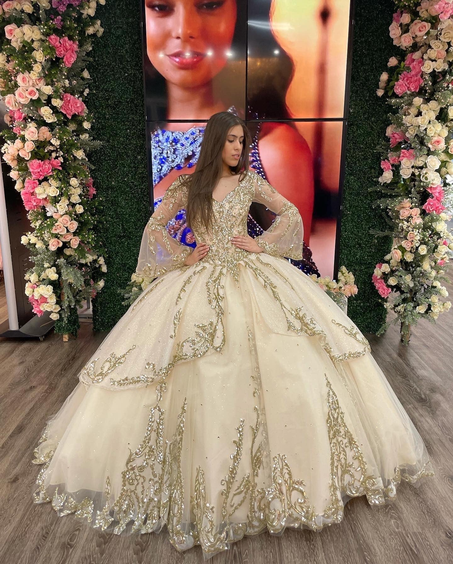 Champagne Tiered Tulle Quinceanera Dress Sweetheart Ball Gown with Long Sleeves Sequins & Beaded Appliques for Sweet 16 & Evening Galas