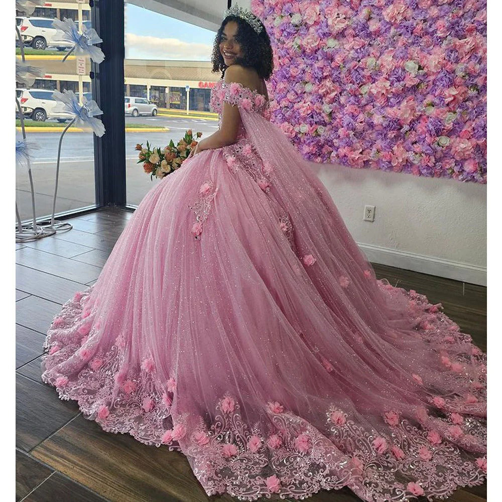 Off-Shoulder Ball Gown with 3D Floral Lace Appliques & Beaded Details Pink Tulle Quinceanera Dress for Sweet 16 & Birthday Celebrations