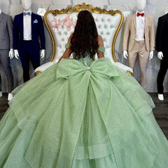 Sage Green Off-Shoulder Ball Gown Sparkling Sequins & Beaded Tulle Quinceanera Dress for Sweet 16
