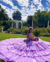 Lavender Tulle Quinceanera Dress Strapless Ball Gown with Floral Appliques & Tiered Skirt for Sweet 16