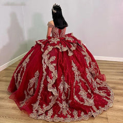 Off-Shoulder Red Tulle Quinceanera Dress Cap Sleeve Lace Applique Ball Gown for Sweet 16 Prom & Birthday Parties