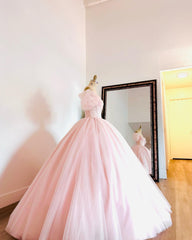 Off-Shoulder Ball Gown with Puff Sleeves Pink Tulle Quinceanera & Sweet 16 Princess Dress