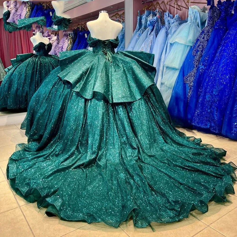 Emerald Green Quinceanera Ball Gown Off-Shoulder Sparkle Tulle Dress with Tiered Ruffles for Sweet 16 & Princess Parties