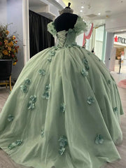 Exquisite Mint Green Ball Gown Off-Shoulder Beaded Tulle Quinceanera Dress with 3D Floral Appliques for Sweet 16