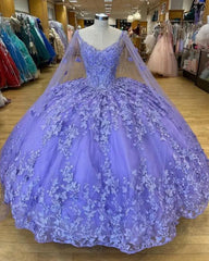 Lavender Ball Gown with Sweetheart Neckline Long Sleeves & 3D Butterfly Lace Appliques Beaded Tulle Quinceanera Dress for Sweet 16