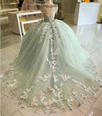 Exquisite Mint Green Ball Gown Strapless 3D Floral Applique Sweep Train Tulle Quinceanera Dress for Sweet 16