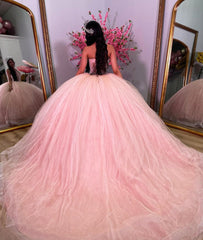 Exquisite Strapless Ball Gown Lace Appliques & Beaded Pink Tulle Princess Dress for Quinceanera Sweet 16 & Formal Evenings