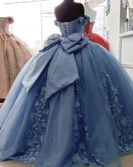 Exquisite Off-Shoulder Ball Gown with 3D Floral Lace Appliques & Beaded Blue Tulle for Quinceanera or Sweet 16