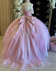Exquisite Pink Tulle Ball Gown Sweetheart Neckline with Off-Shoulder Spaghetti Straps & Lace Appliques for Quinceanera Sweet 16 and Prom