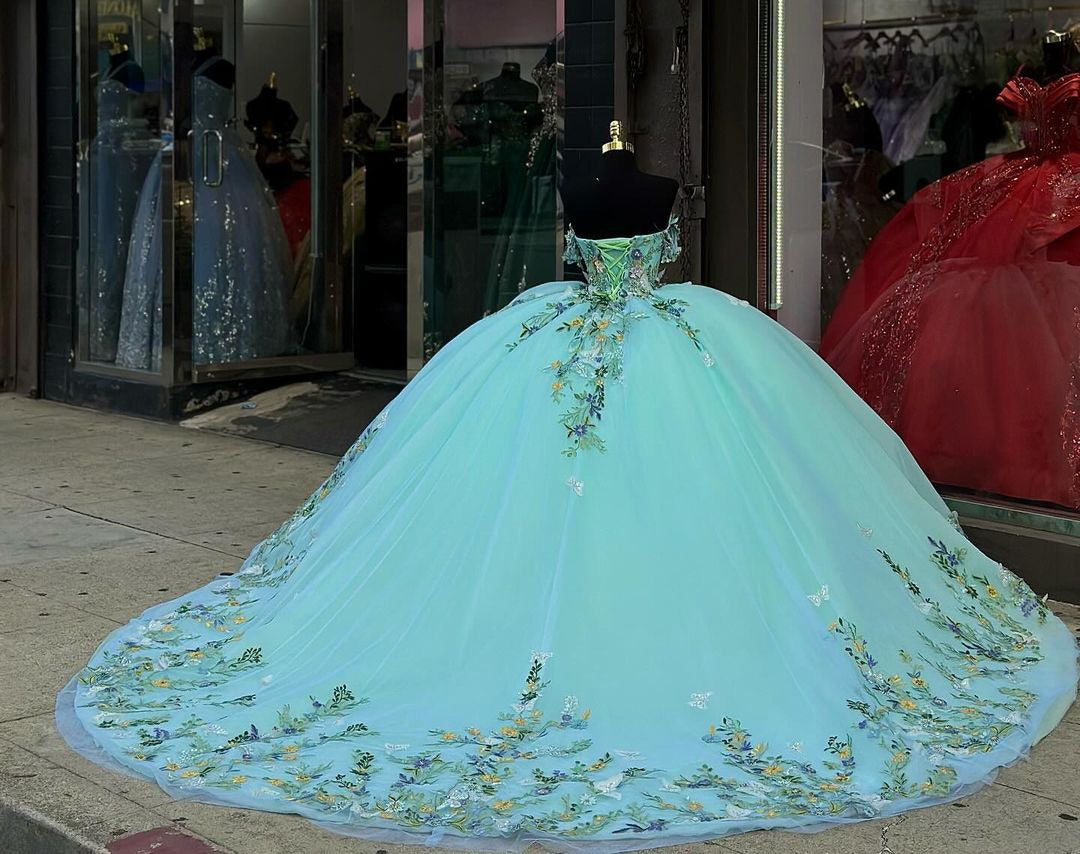 Lake Blue Ball Gown Off-Shoulder 3D Butterfly & Floral Tulle Quinceanera Dress for Sweet 16 & Evening Galas