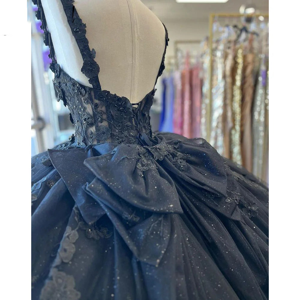 Exquisite Navy Blue Ball Gown Sweetheart Neckline with 3D Floral Appliques & Beaded Details for Quinceanera Sweet 16 or Princess-Themed Celebrations