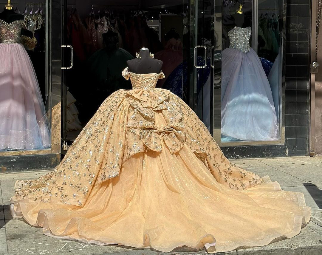 Luxury Champagne Ball Gown Off-Shoulder Sequined Beaded Tiered Tulle Dress for Quinceanera Sweet 16 & Evening Galas