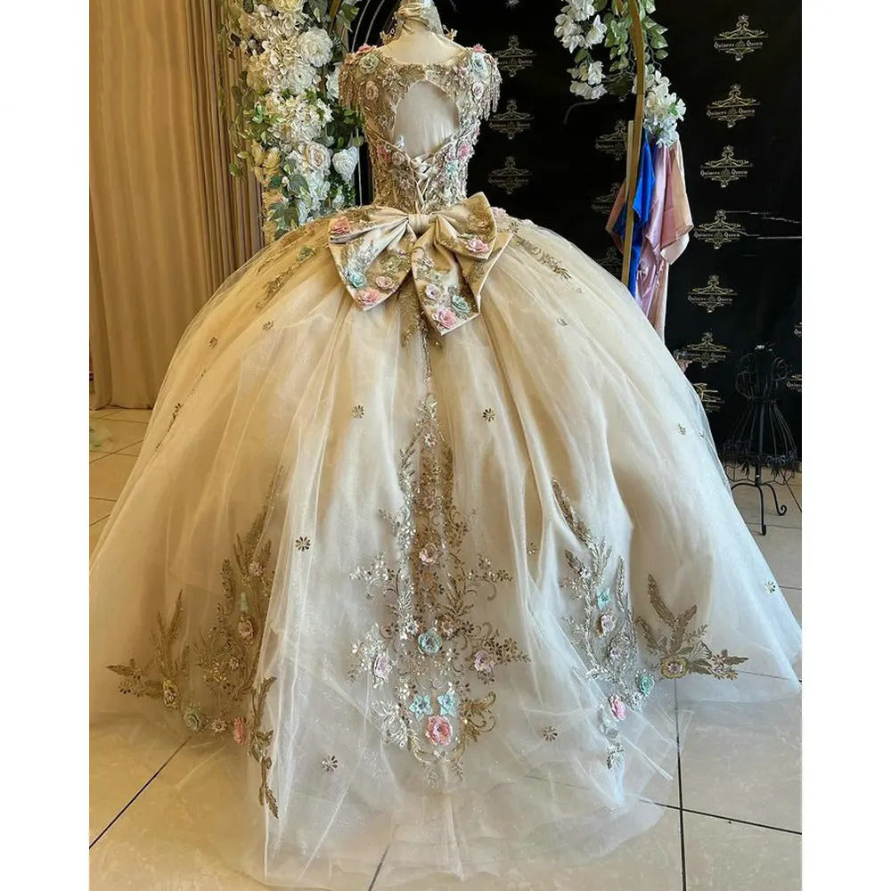 Champagne Tulle Quinceanera Dress Sweetheart Ball Gown with 3D Floral Lace & Beaded Bow for Sweet 16 & Birthday Galas
