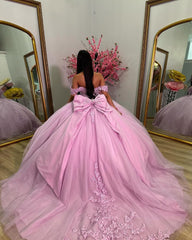 Pink Tulle Ball Gown Off-Shoulder Sweetheart Neckline with Lace Appliques & Bow Detail for Quinceanera Sweet 16 and Evening Parties