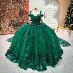 Emerald Green Off-Shoulder Ball Gown 3D Floral Appliques & Beaded Tulle Quinceanera Dress for Sweet 16 & Weddings