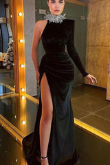Newinlook Black High Neck One Shoulder Slit Beadings Evening Dress Mermaid With Long Sleeve