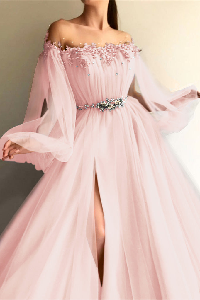 Newinlook Long Sleeves Off-the-Shoulder Evening Dress With Beads