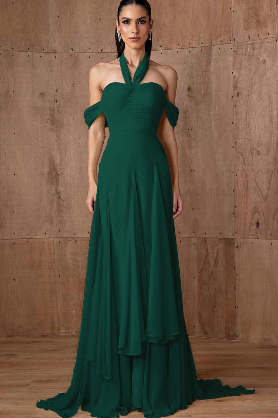 Halter Off the Shoulder Sleeveless Long Formal Dress With Ruffles