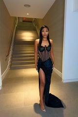 Newinlook Elegant Black Strapless Sequins Slit Evening Dress With Chic Pleats