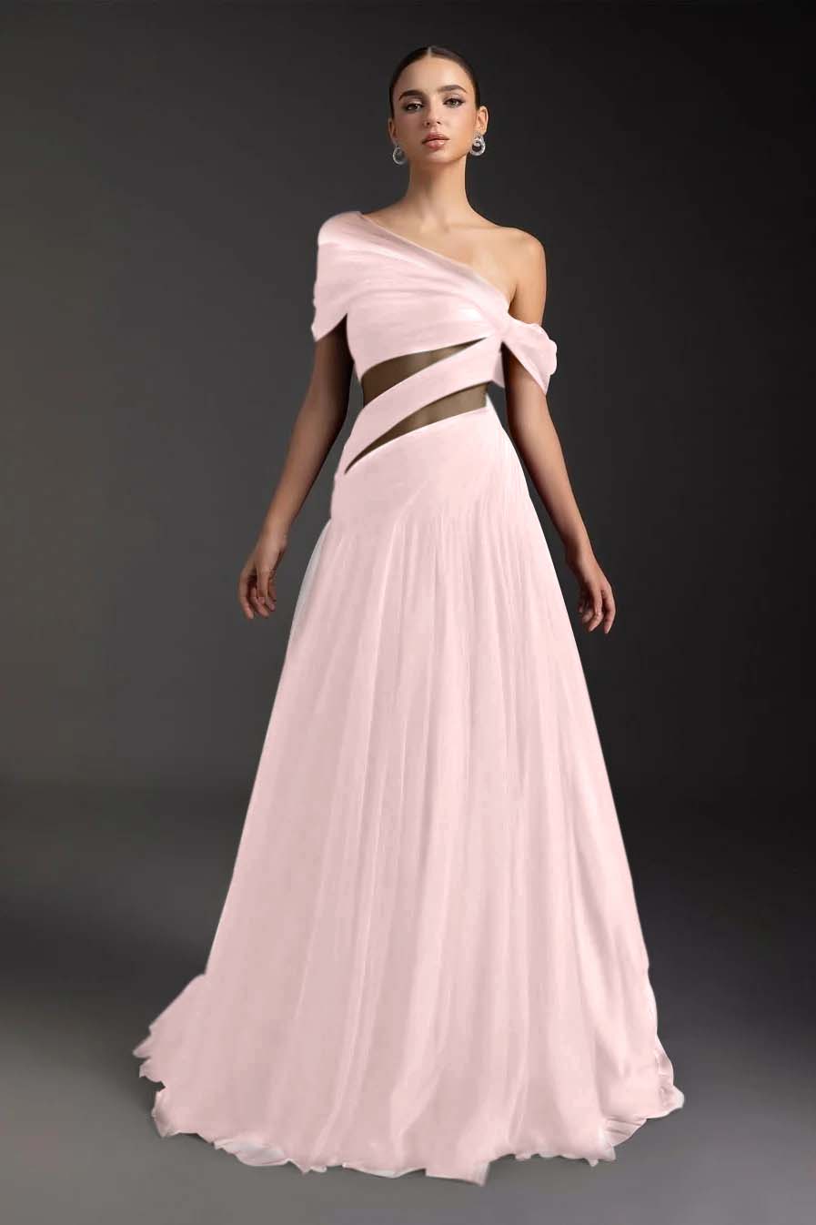 Glamorous Tulle One Shoulder Sleeveless Long Formal Dress With Pleated