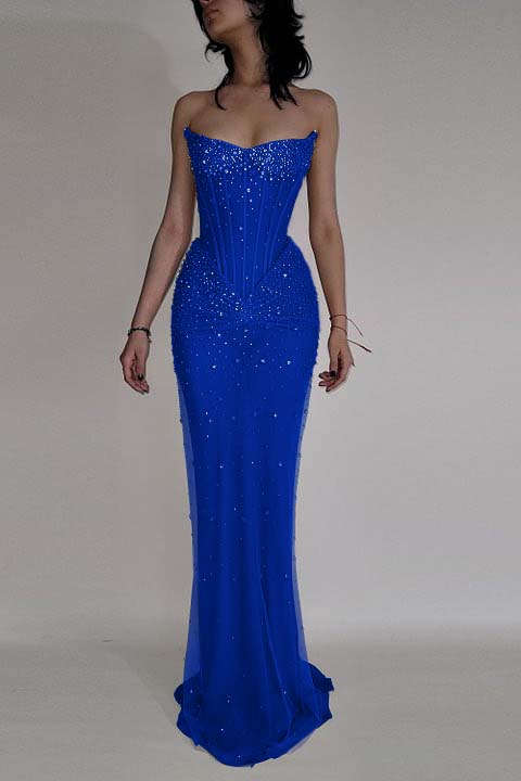 Strapless Sleeveless Mermaid Long Formal Dress With Beading Tulle