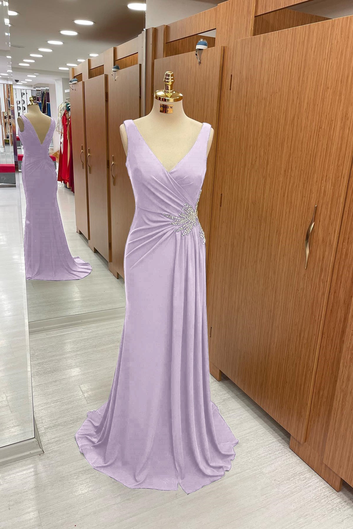 Amazing Dark Navy Straps V Neck Pleated Formal Dress With Rhinestone