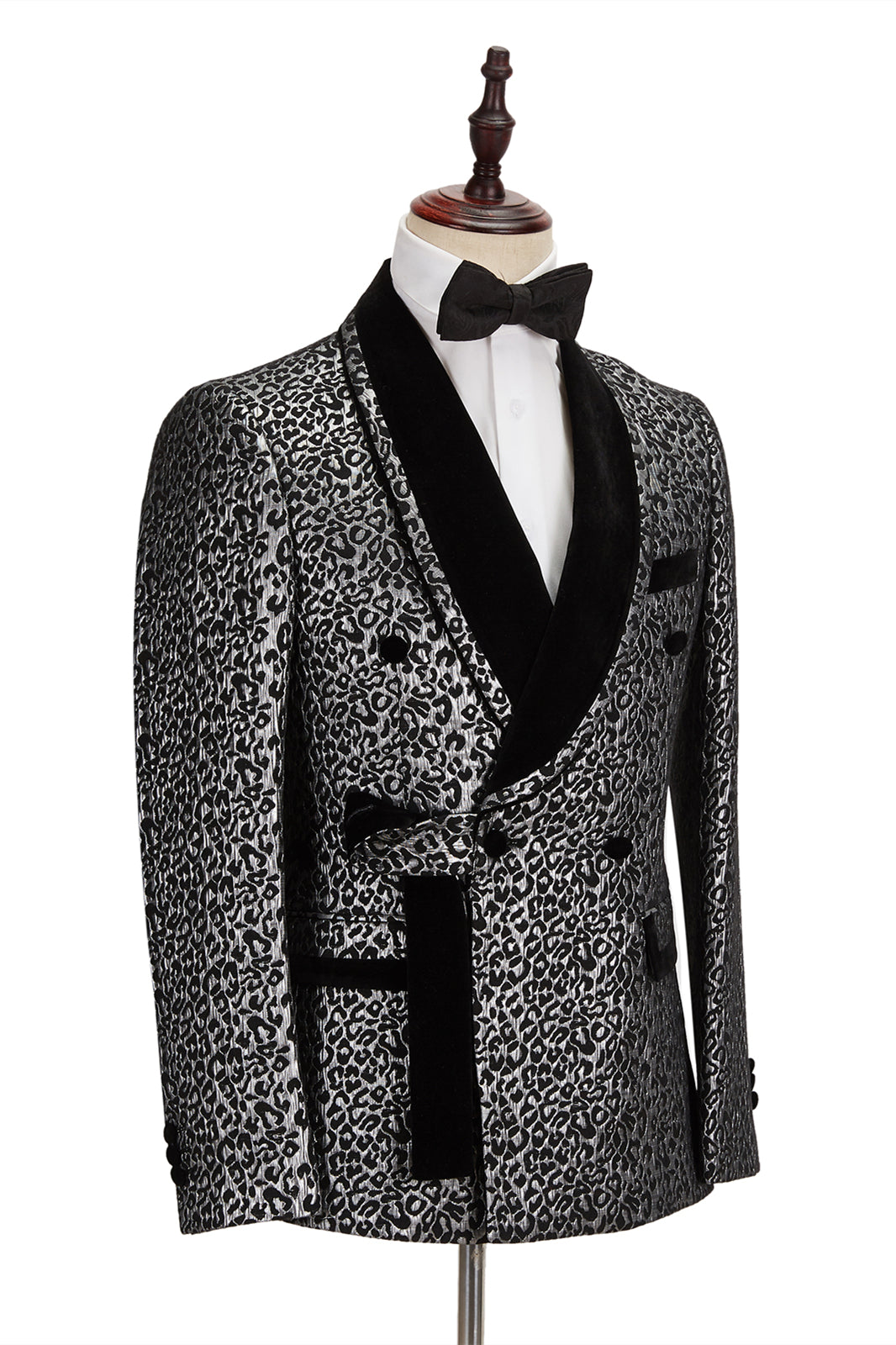 Newinlook New Silver Leopard Double-Breasted Prom Suit with Jacquard Shawl Lapel for Men