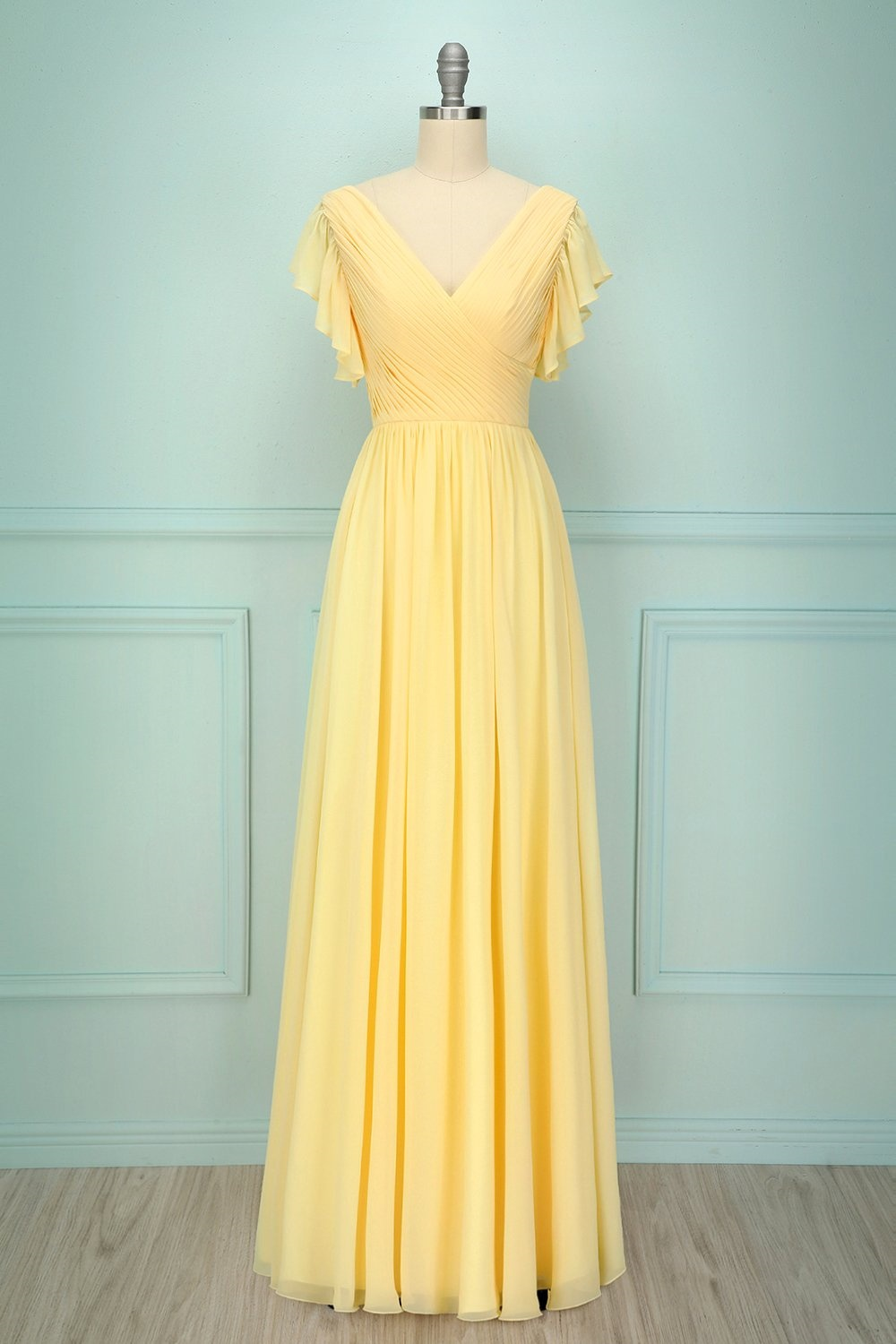 Chiffon V Neck Sleeveless Long Formal Dress With Pleated Ruffle