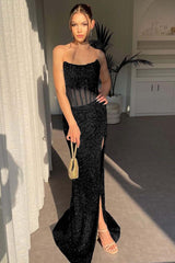 Strapless Sleeveless Mermaid Long Split Formal Dress With Sequins