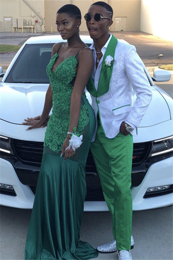 Newinlook Elegant One-Button Green Lapel Custom Wedding Suit with White Jacquard