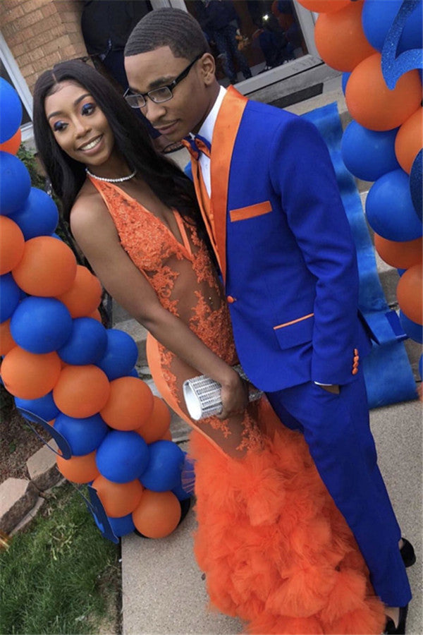 Newinlook Handsome Royal Blue Beach Wedding Suit with Orange Lapel for Groom