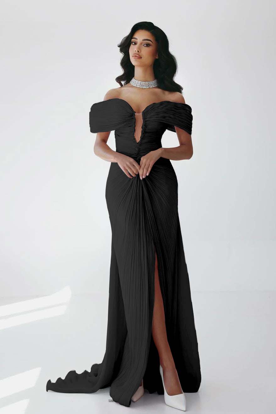 Off the Shoulder Sleeveless Long Mermaid Formal Dress With Ruffles Pleated
