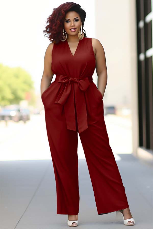 Newinlook Pool Blue V-Neck Sleeveless Jump Suit With Bow Belt