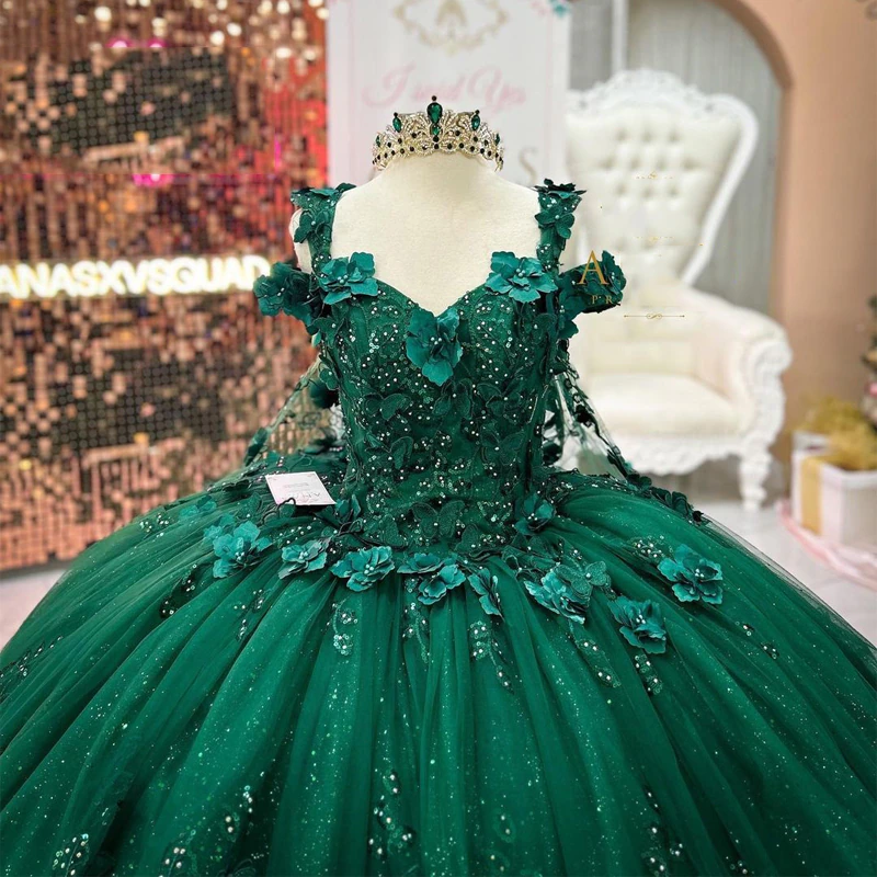 Emerald Green Off-Shoulder Ball Gown 3D Floral Appliques & Beaded Tulle Quinceanera Dress for Sweet 16 & Weddings