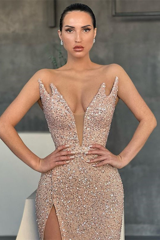Newinlook V-Neck Sequins Sleeveless Evening Dress Mermaid With Split