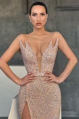 Newinlook V-Neck Sequins Sleeveless Evening Dress Mermaid With Split