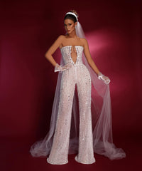 Newinlook Sexy Strapless Sleeveless White Sequins Jump Suit With Gloves