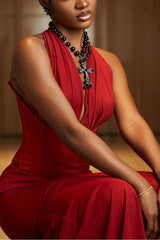 Chic Red Halter Sleeveless Mermaid Long Formal Dress With Pleated